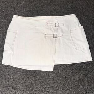 White Fox Wrap Mini Skirt Women’s XL White Denim Cotton Buckle Detail Back Zip